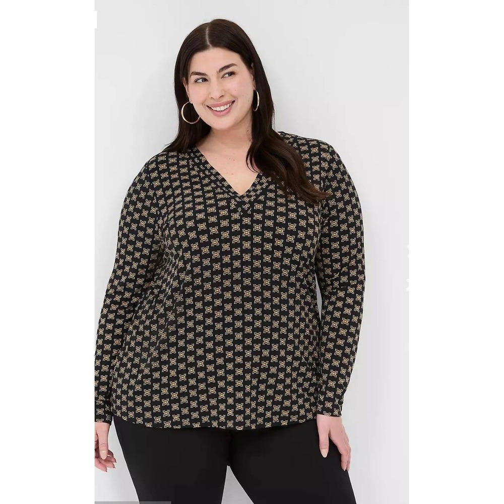 Lane Bryant Black Gold Geometric Print V Neck Long Sleeve Top‎ Plus Size 26 28
